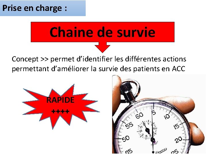 Prise en charge : Chaine de survie Concept >> permet d’identifier les différentes actions