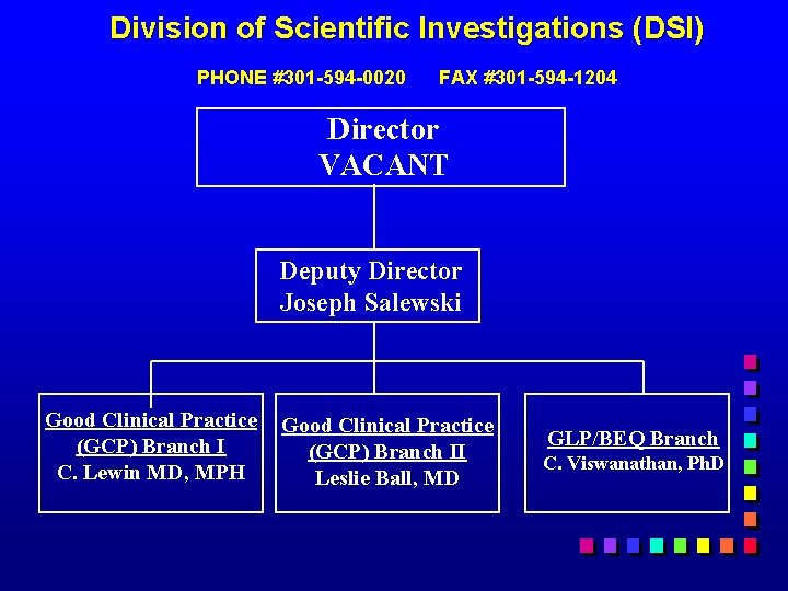 Division of Scientific Investigations (DSI) PHONE #301 -594 -0020 FAX #301 -594 -1204 Director