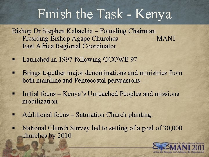 Finish the Task - Kenya Bishop Dr Stephen Kabachia – Founding Chairman Presiding Bishop