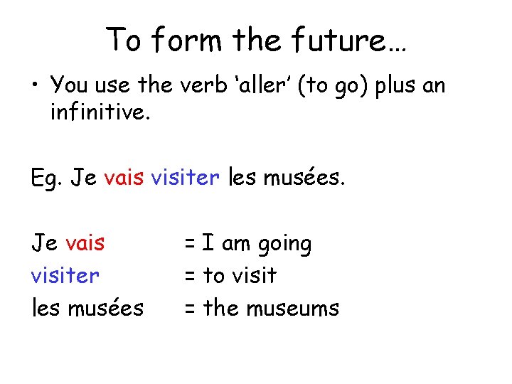 To form the future… • You use the verb ‘aller’ (to go) plus an