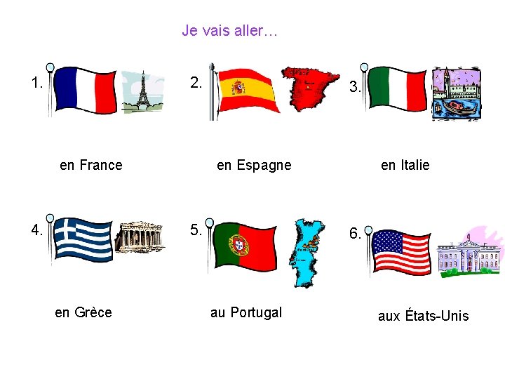 Je vais aller… 1. 2. en France 4. 3. en Espagne 5. en Grèce