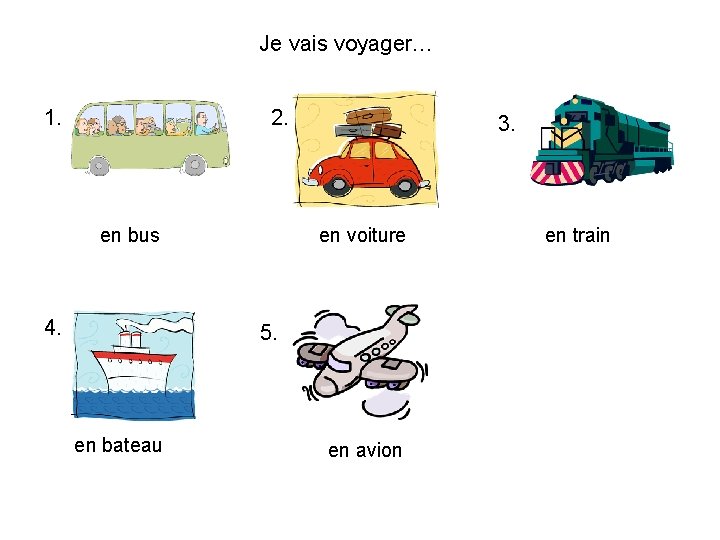 Je vais voyager… 1. 2. en bus 4. 3. en voiture 5. en bateau