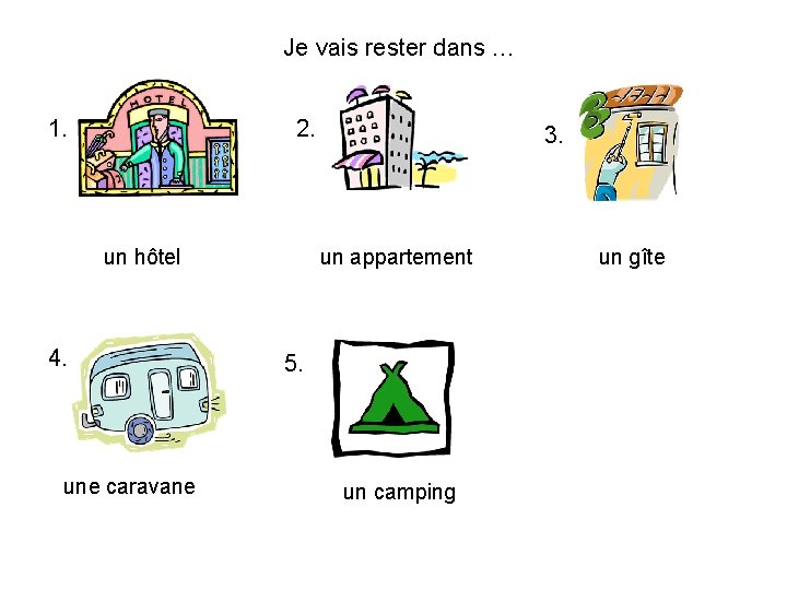 Je vais rester dans … 1. 2. un hôtel 4. une caravane 3. un