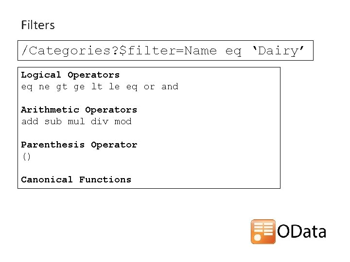 Filters /Categories? $filter=Name eq ‘Dairy’ Logical Operators eq ne gt ge lt le eq