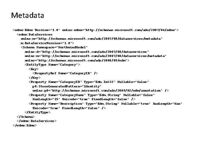 Metadata <edmx: Edmx Version="1. 0" xmlns: edmx="http: //schemas. microsoft. com/ado/2007/06/edmx"> <edmx: Data. Services xmlns: