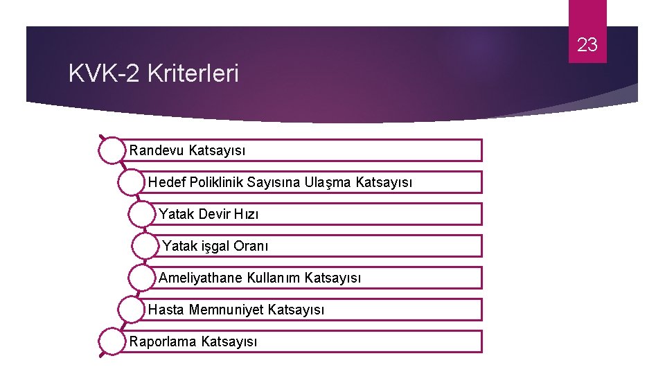 23 KVK-2 Kriterleri Randevu Katsayısı Hedef Poliklinik Sayısına Ulaşma Katsayısı Yatak Devir Hızı Yatak