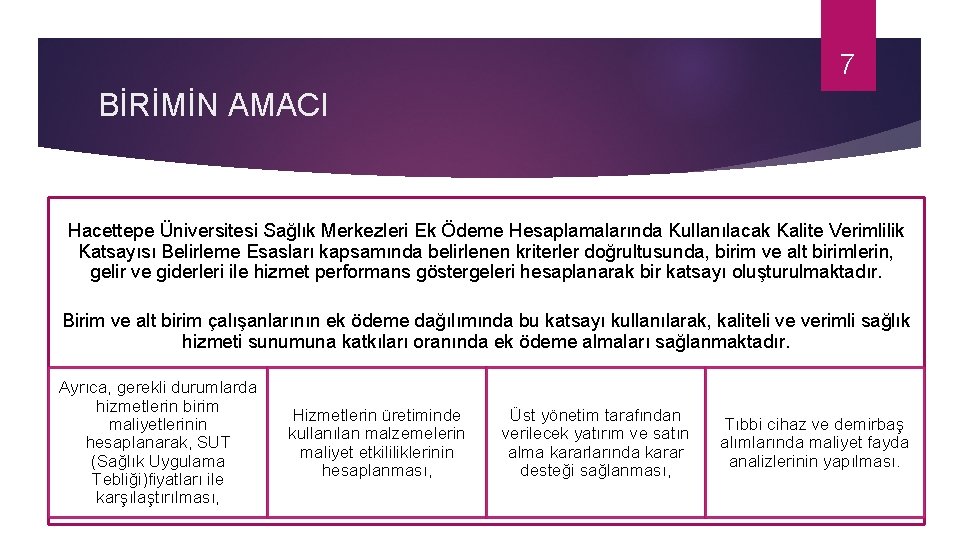 7 BİRİMİN AMACI Hacettepe Üniversitesi Sağlık Merkezleri Ek Ödeme Hesaplamalarında Kullanılacak Kalite Verimlilik Katsayısı