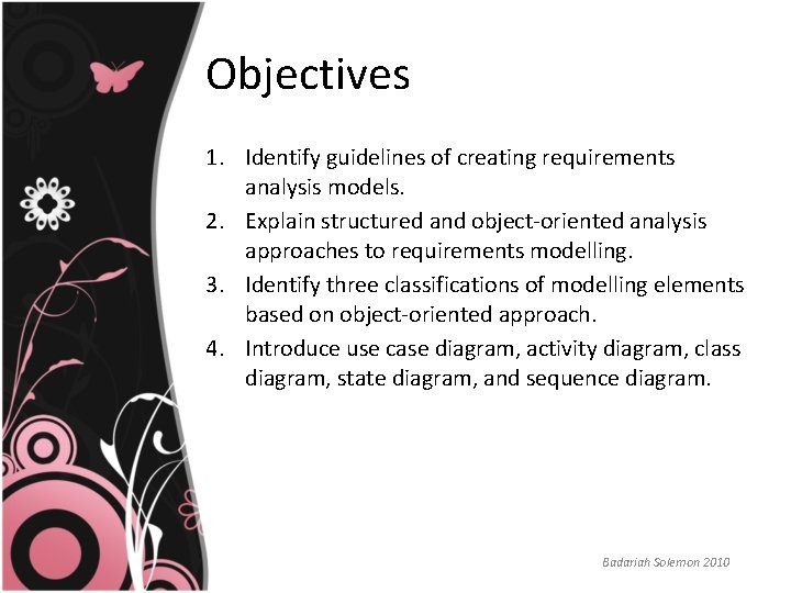 Objectives 1. Identify guidelines of creating requirements analysis models. 2. Explain structured and object-oriented