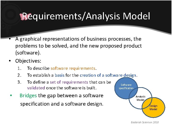 Requirements/Analysis Model • A graphical representations of business processes, the problems to be solved,