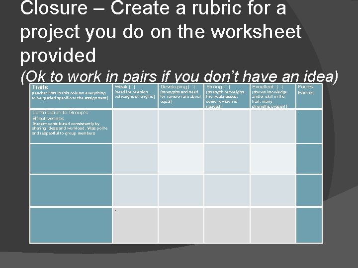 Closure – Create a rubric for a project you do on the worksheet provided