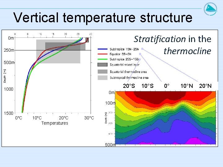 Vertical temperature structure Stratification in thermocline 0 m 250 m 500 m 20°S 1000