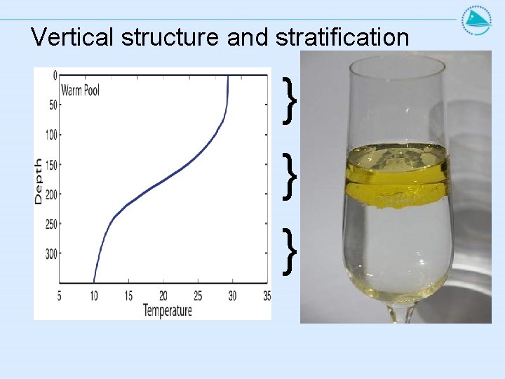 Vertical structure and stratification } } } Warm, mixed-layer Thermocline depth Cold, deen ocean