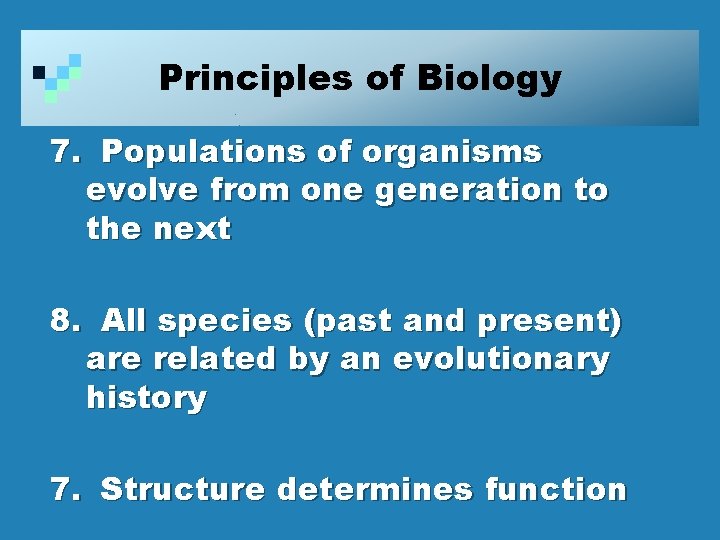 Principles of Biology 7. Populations of organisms evolve from one generation to the next