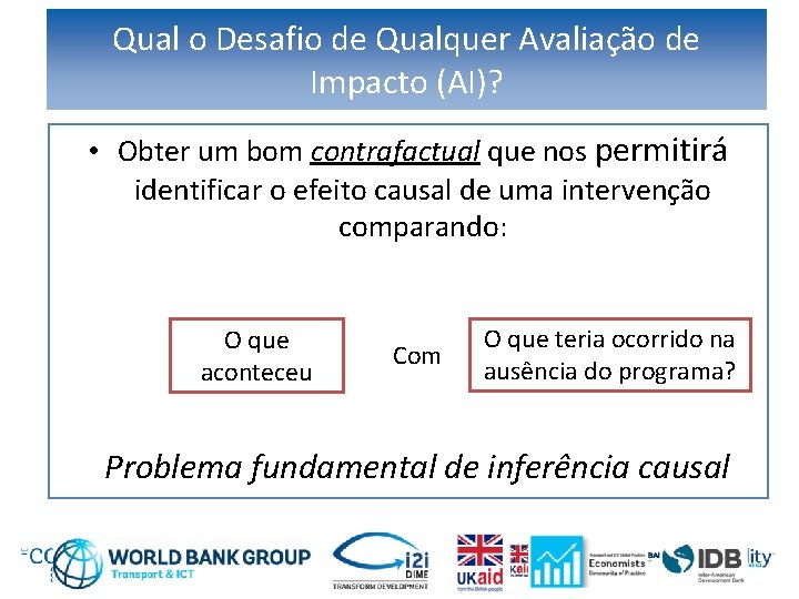 Qual o Desafio de Qualquer Avaliação de Impacto (AI)? • Obter um bom contrafactual