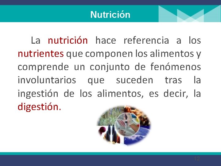 Nutrición La nutrición hace referencia a los nutrientes que componen los alimentos y comprende