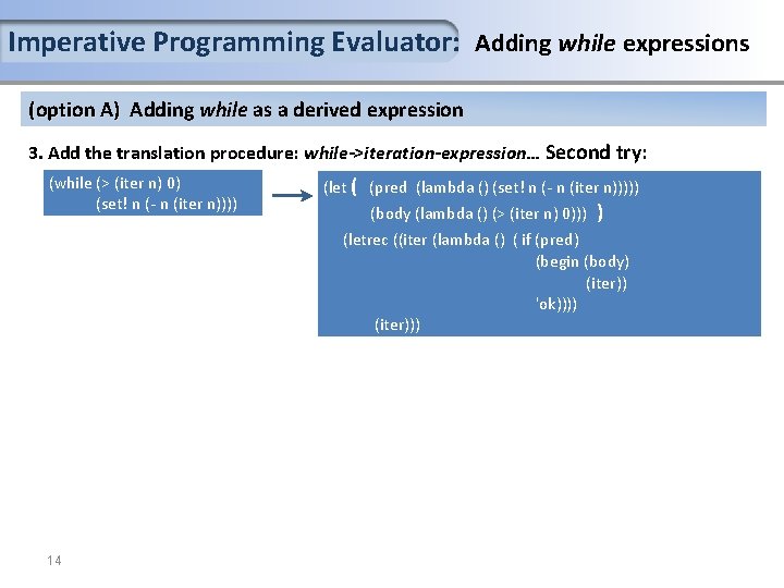 Imperative Programming Evaluator: Adding while expressions (option A) Adding while as a derived expression Imperative Programming Evaluator: Adding while expressions (option A) Adding while as a derived expression