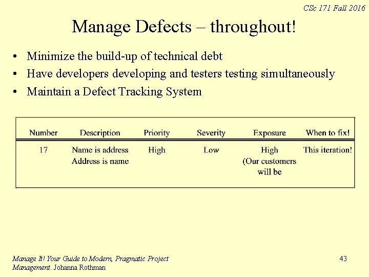 CSc 171 Fall 2016 Manage Defects – throughout! • Minimize the build-up of technical CSc 171 Fall 2016 Manage Defects – throughout! • Minimize the build-up of technical