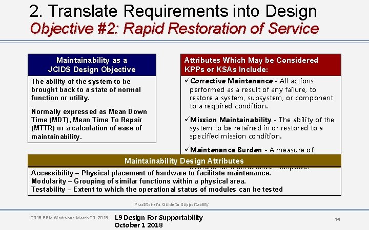 2. Translate Requirements into Design Objective #2: Rapid Restoration of Service Maintainability as a