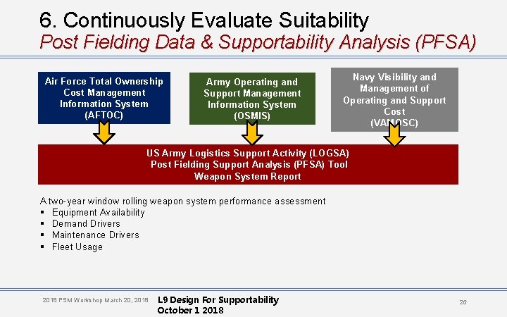 6. Continuously Evaluate Suitability Post Fielding Data & Supportability Analysis (PFSA) Air Force Total