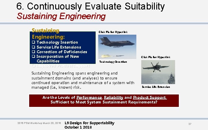 6. Continuously Evaluate Suitability Sustaining Engineering: q Technology Insertion q Service Life Extensions q