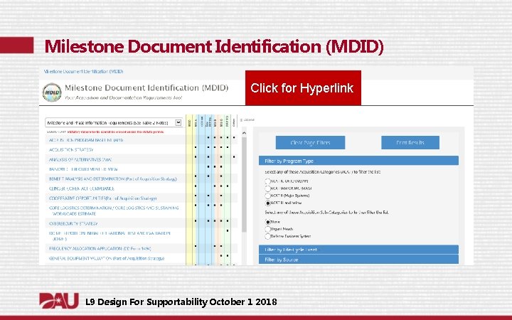 Milestone Document Identification (MDID) Click for Hyperlink L 9 Design For Supportability October 1