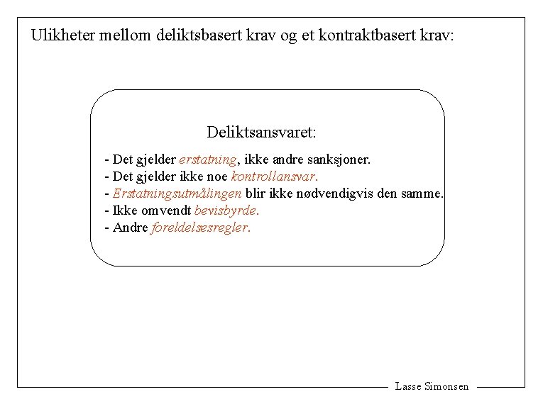 Ulikheter mellom deliktsbasert krav og et kontraktbasert krav: Deliktsansvaret: - Det gjelder erstatning, ikke