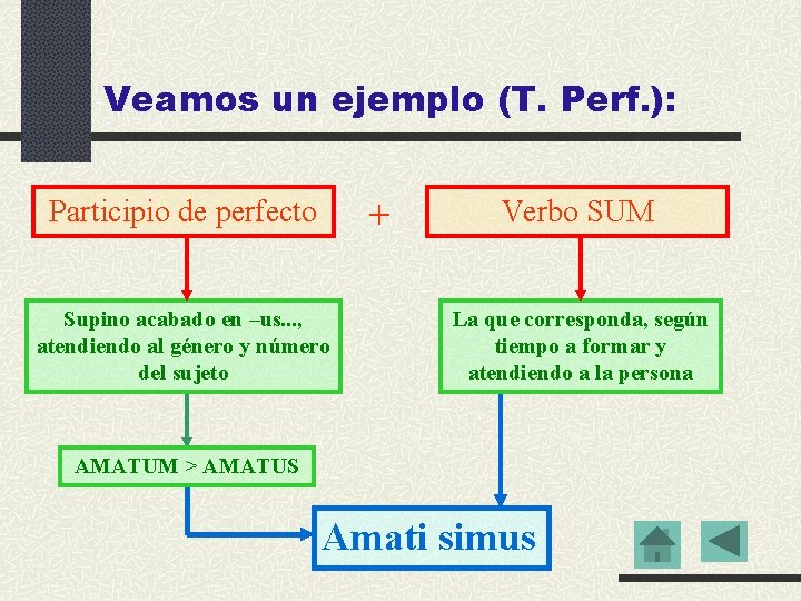 Veamos un ejemplo (T. Perf. ): + Participio de perfecto Supino acabado en –us.