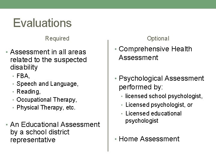 Evaluations Required • Assessment in all areas related to the suspected disability • FBA,