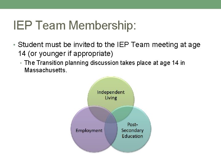 IEP Team Membership: • Student must be invited to the IEP Team meeting at