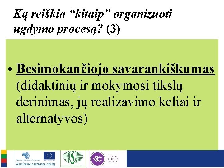 Ką reiškia “kitaip” organizuoti ugdymo procesą? (3) • Besimokančiojo savarankiškumas (didaktinių ir mokymosi tikslų