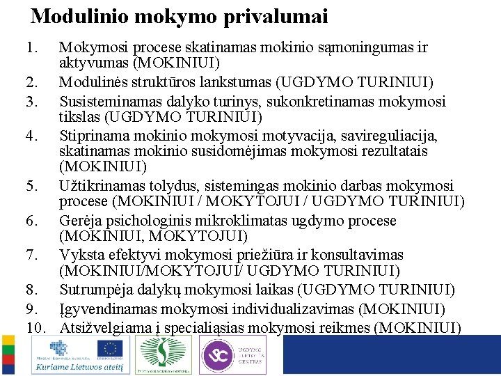 Modulinio mokymo privalumai 1. Mokymosi procese skatinamas mokinio sąmoningumas ir aktyvumas (MOKINIUI) 2. Modulinės