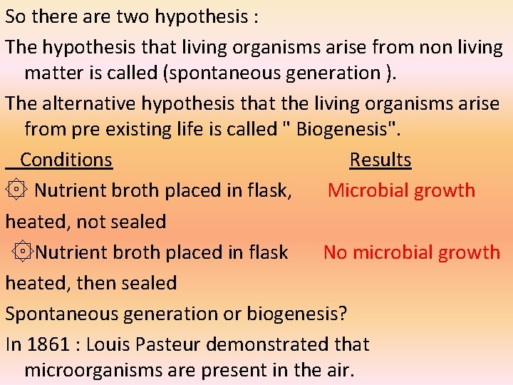 So there are two hypothesis : The hypothesis that living organisms arise from non