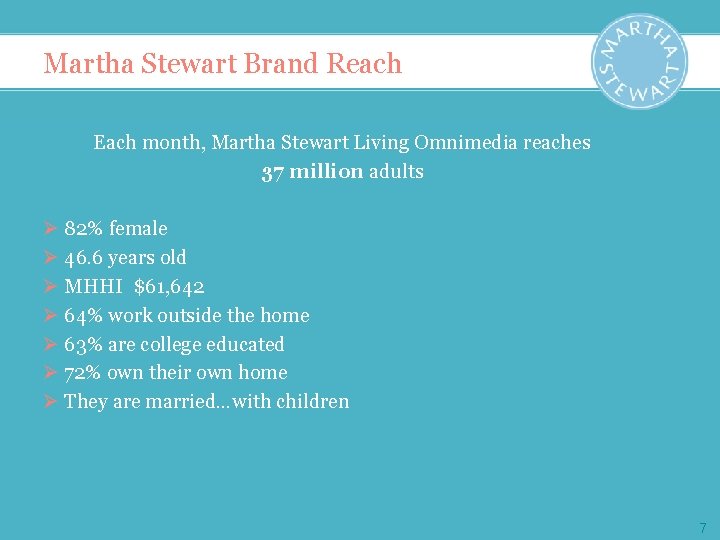 Martha Stewart Brand Reach Each month, Martha Stewart Living Omnimedia reaches 37 million adults