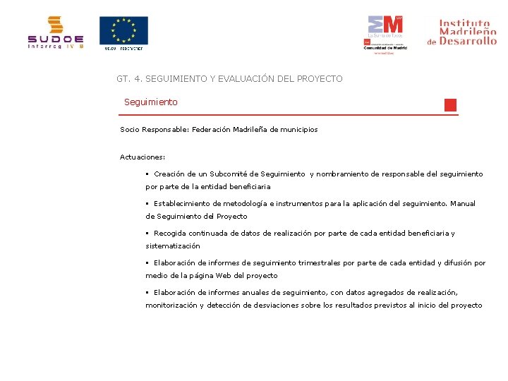 GT. 4. SEGUIMIENTO Y EVALUACIÓN DEL PROYECTO Seguimiento Socio Responsable: Federación Madrileña de municipios