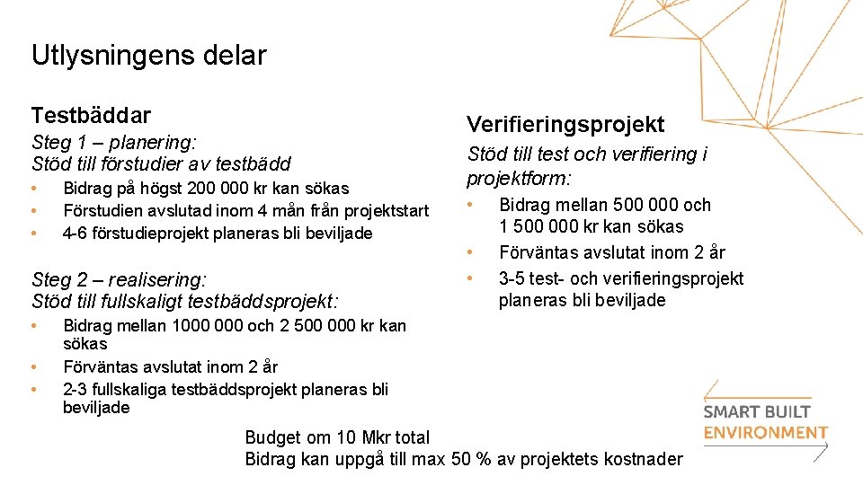 Utlysningens delar Testbäddar Steg 1 – planering: Stöd till förstudier av testbädd • •