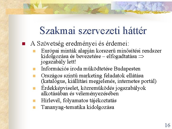 Szakmai szervezeti háttér n A Szövetség eredményei és érdemei: n n n Európai minták