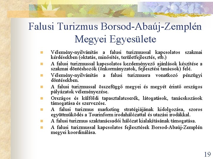 Falusi Turizmus Borsod-Abaúj-Zemplén Megyei Egyesülete n n n n Vélemény-nyilvánítás a falusi turizmussal kapcsolatos