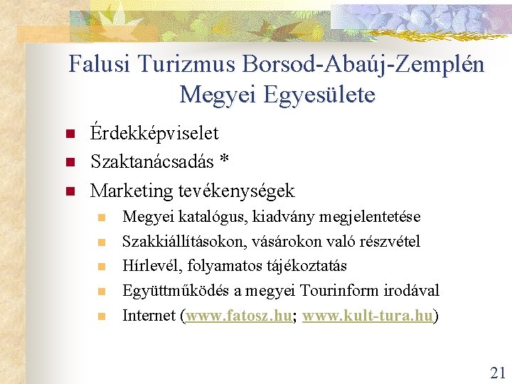 Falusi Turizmus Borsod-Abaúj-Zemplén Megyei Egyesülete n n n Érdekképviselet Szaktanácsadás * Marketing tevékenységek n