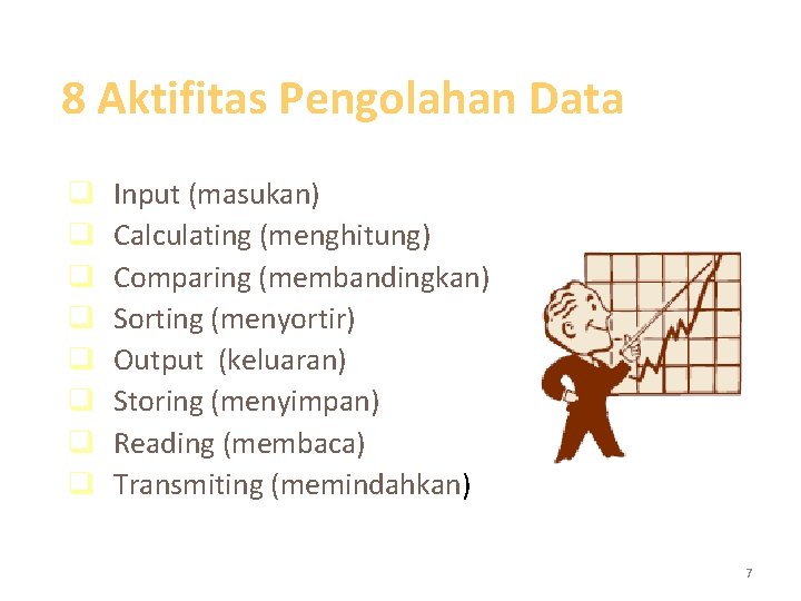 8 Aktifitas Pengolahan Data q q q q Input (masukan) Calculating (menghitung) Comparing (membandingkan)