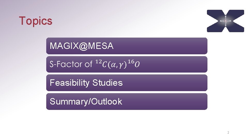 Topics MAGIX@MESA Feasibility Studies Summary/Outlook 2 