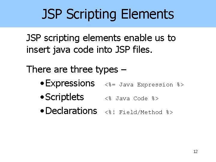 JSP Scripting Elements JSP scripting elements enable us to insert java code into JSP