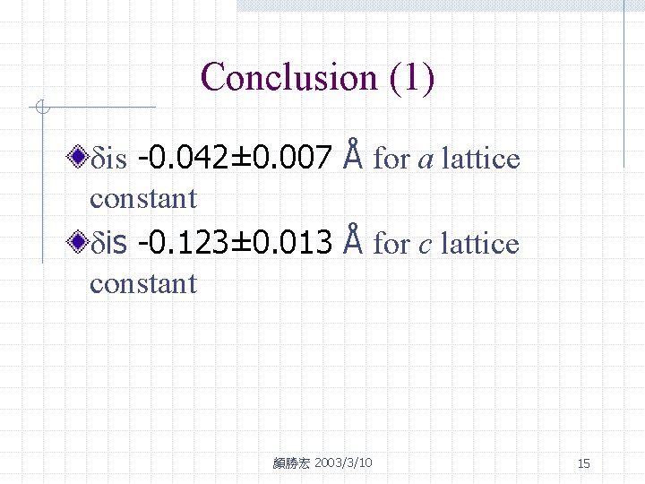 Conclusion (1) δis -0. 042± 0. 007 Å for a lattice constant δis -0.