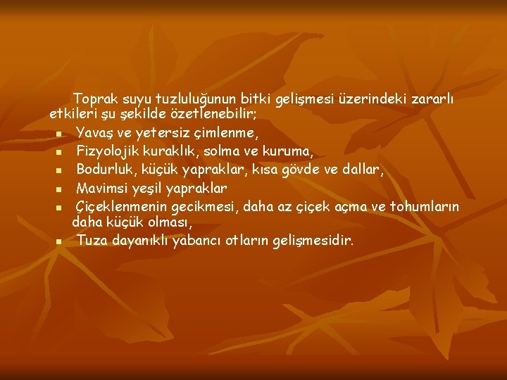 Toprak suyu tuzluluğunun bitki gelişmesi üzerindeki zararlı etkileri şu şekilde özetlenebilir; n Yavaş ve