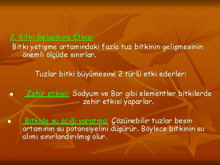 2. Bitki Gelişimine Etkisi Bitki yetişme ortamındaki fazla tuz bitkinin gelişmesinin önemli ölçüde sınırlar.