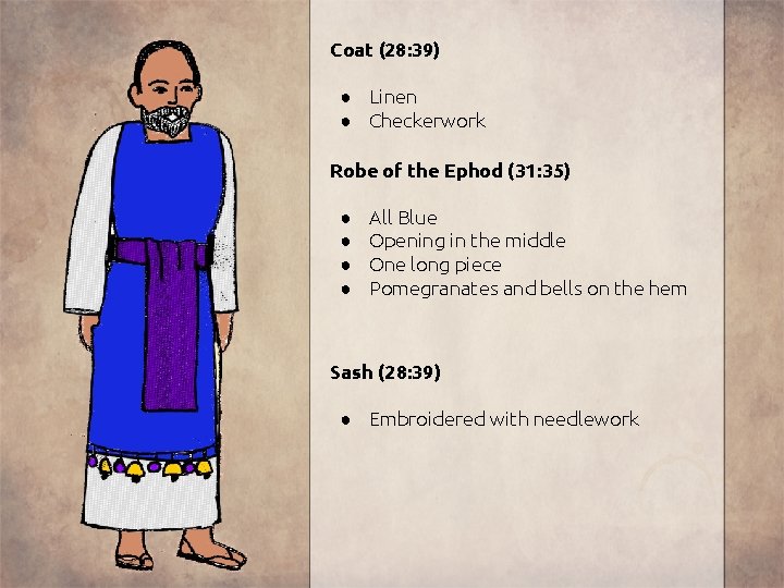 Coat (28: 39) ● Linen ● Checkerwork Robe of the Ephod (31: 35) ●