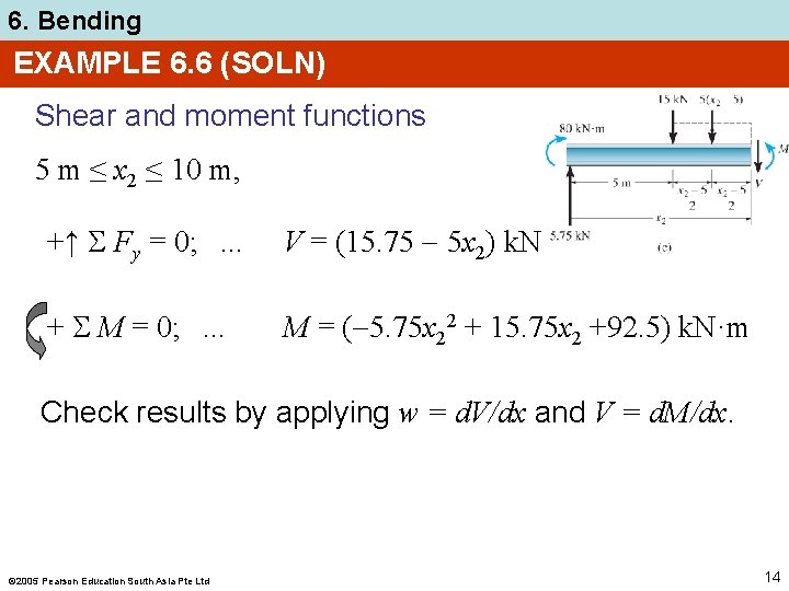 6. Bending EXAMPLE 6. 6 (SOLN) Shear and moment functions 5 m ≤ x