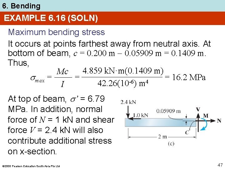 6. Bending EXAMPLE 6. 16 (SOLN) Maximum bending stress It occurs at points farthest