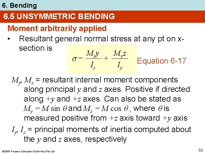 6. Bending 6. 5 UNSYMMETRIC BENDING Moment arbitrarily applied • Resultant general normal stress