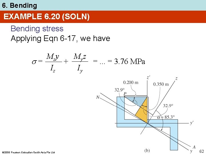 6. Bending EXAMPLE 6. 20 (SOLN) Bending stress Applying Eqn 6 -17, we have