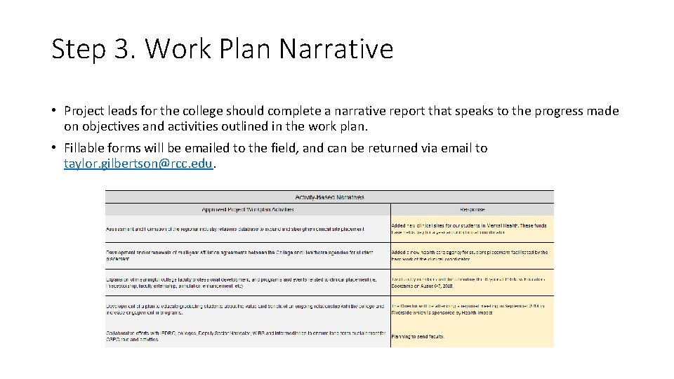 Step 3. Work Plan Narrative • Project leads for the college should complete a